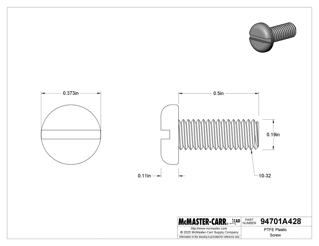 Technical Drawing of Chemical-Resistant High-Temperature PTFE Plastic Screw, Pan Head Slotted, 10-32 Thread Size, 1/2" Long.